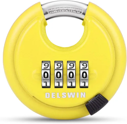 Miniatura 18 de DELSWIN Cerradura de combinación de disco de 4 dígitos para exteriores, candados de combinación resistentes con grillete de acero endurecido Negro 2