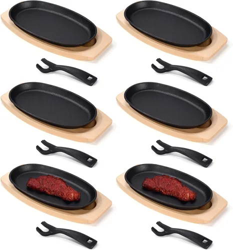 Miniatura 10 de Mifoci Juego de 12 sartenes ovaladas de hierro fundido para fajita, plato pequeño para carne chisporroteante con base de madera y mango, sartén