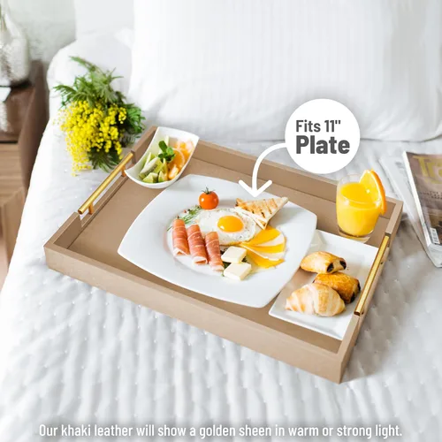 Miniatura 4 de ATZYmolin - Bandeja de servicio de madera de 17" x 12" con asas de metal dorado pulido, bandeja decorativa de madera rectangular para el hogar, Oro