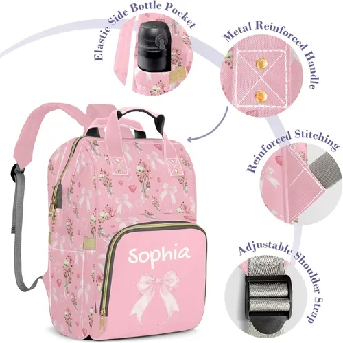 Miniatura 4 de Mochila de pañales personalizada con lazo con nombre, gran capacidad, multifuncional, bolsa de mamá, impermeable, elegante bolsa de lactancia Arco 05