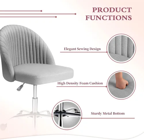 Miniatura 5 de JUMMICO Silla de escritorio para oficina en casa, silla de tocador, tapizada, ajustable, con respaldo medio, giratoria, sin brazos, sillas de Gris