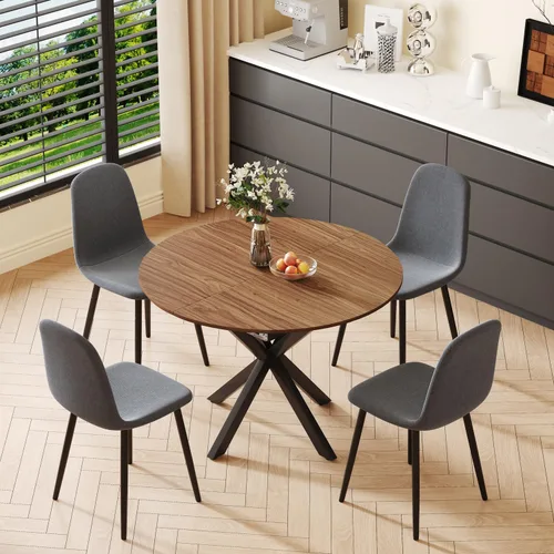 Miniatura 14 de Juego de mesa de comedor redonda para 4, juego de mesa de comedor extensible de 43-59 pulgadas, mesa de grano de madera de nogal y 4 sillas