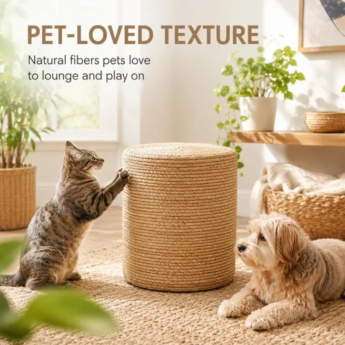Miniatura 5 de Wimarsbon Taburete de pie de hierba marina natural, otomana redonda tejida a mano, para sala de estar, asiento al aire libre (natural)
