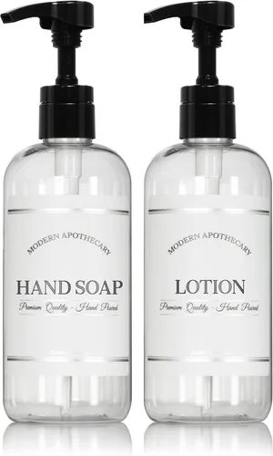 Juego de dispensador de jabón de manos y loción transparente recargable para fregadero de baño, botellas de plástico PET con etiquetas para jabón y