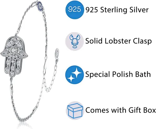 Miniatura 41 de Aniu Joyería de plata de ley 925 Hamsa de Fátima para mujer con circonita cúbica, viene con caja de regalo negra