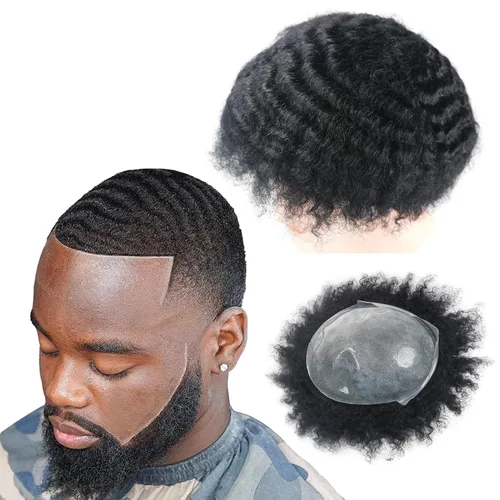 Miniatura 15 de Pelucas Afro Rizadas Toupé para Hombres Pelucas para Hombre Afroamericano Negro Unidad de Cabello Masculino Negro Rizado Afro Tejido Masculino