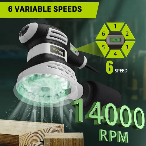 Miniatura 3 de NARBELL Lijadora orbital de 3.0 amperios (360 W), lijadora orbital aleatoria de 14000 RPM con 6 velocidades variables, kit de lijadora eléctrica