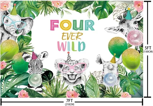 Miniatura 5 de AIBIIN Telón de fondo de fotografía de cumpleaños de cuatro siempre salvajes de 7 x 5 pies para niños, selva, safari, bosque, animales tropicales