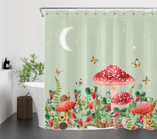Miniatura 3 de Cortina de ducha con diseño de hongos y rana, planta verde salvia y mariposa de fresa sobre verde, cortina de ducha con ganchos, juego de cortinas