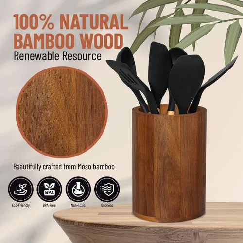 Miniatura 3 de Homeries Soporte para utensilios de madera de acacia para decoración de encimera de cocina, organizador de utensilios de cocina, organizador