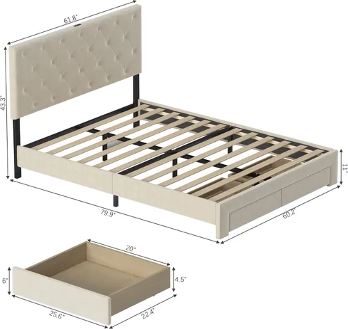 Miniatura 2 de NSdirect Base de cama tamaño Queen con cajón de almacenamiento, base de cama tapizada de terciopelo con 2 cajones de almacenamiento y estación