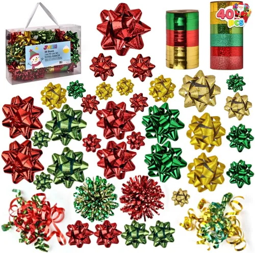 JOYIN 40 lazos de regalo de Navidad surtidos con 34 lazos de regalo autoadhesivos multicolor de tamaños surtidos, 2 lazos rizados, 2 lazos de oropel