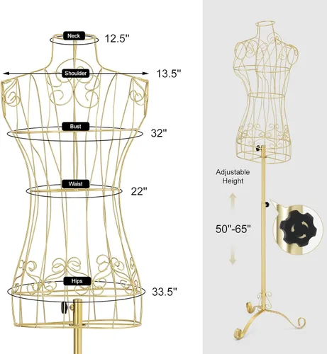 Miniatura 2 de Maniquí con forma de vestido y torso con soporte de metal, maniquí femenino con altura ajustable para exhibición de ropa, dorado