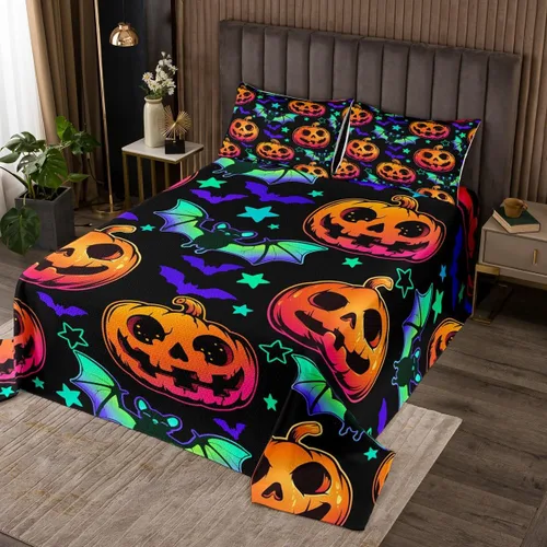 Miniatura 16 de Erosebridal Juego de colcha de murciélago de Halloween, tamaño individual, estrellas con purpurina y galaxia, para niños, decoración de Halloween