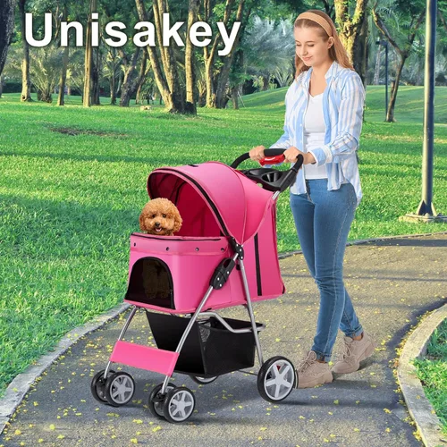 Miniatura 2 de Unisakey Cochecito para mascotas de 4 ruedas para perros pequeños y medianos y gatos, 10 a 33 libras, cochecito plegable para perros y gatos con Rosa
