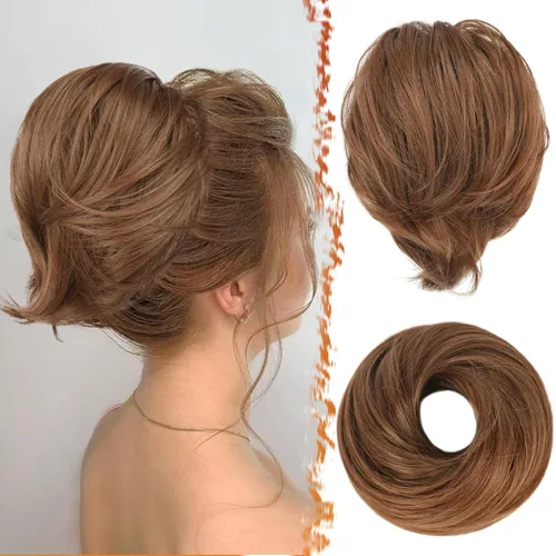 Miniatura 20 de BARSDAR Extensión de cola de caballo y moño de pelo de cobre, extensiones de moño corto sintético liso elástico para mujer, moños desordenados
