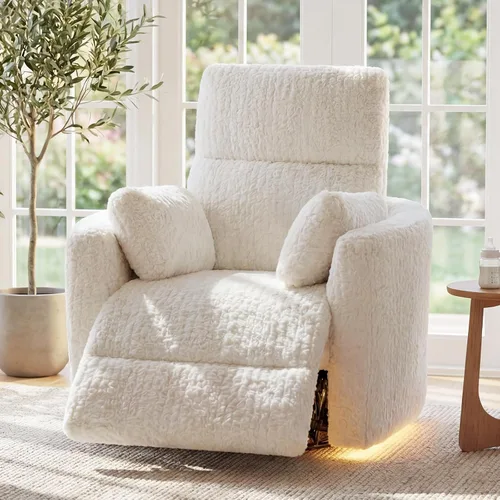 Mecedora reclinable giratoria eléctrica para adultos, mecedora grande con 2 almohadas, puertos USB y tipo C, luz nocturna, silla de guardería de
