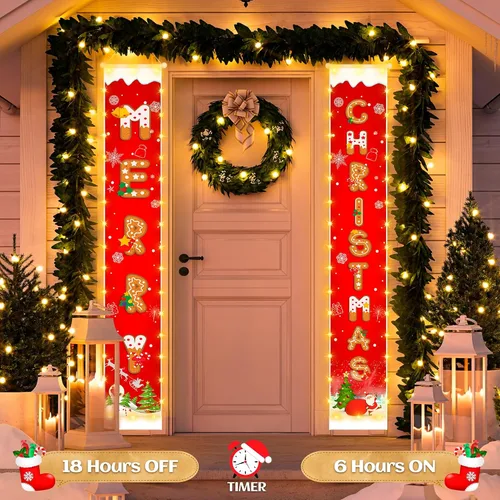 Miniatura 6 de Cartel de decoración de Navidad colgante al aire libre - Cartel rojo colgante con patrón de galletas y tira de luces para decoración de fiesta