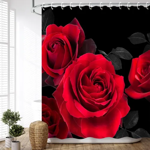 Miniatura 13 de LIVILAN Cortina de ducha con flores rosas y grises, cortinas de ducha florales de acuarela con ganchos, tela blanca y gris, decoración de baño