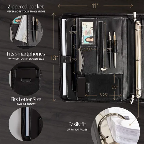 Miniatura 2 de Cartera profesional de cuero Carpeta con cremallera para entrevistas de negocios Organizador de 3 anillos para tabletas de hasta 13 pulgadas