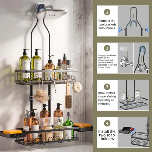 Miniatura 9 de Skyapex Organizador de Ducha Colgante: Organizador de Altura Ajustable para Sobre el Cabezal de Ducha - Estantes de Ducha Negros a Prueba de Óxido