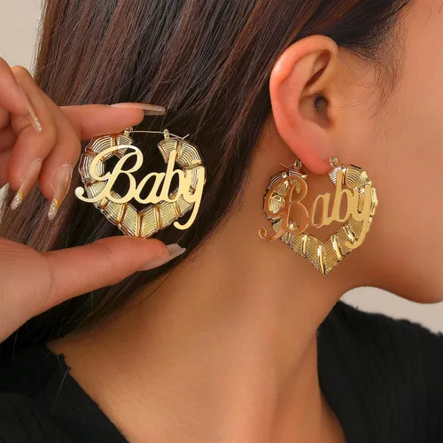 Miniatura 3 de Aretes de aro de bambú chapados en oro de 18 quilates para mujer, diseño de corazón redondo grande, estilo ghetto de los años 8090, accesorios