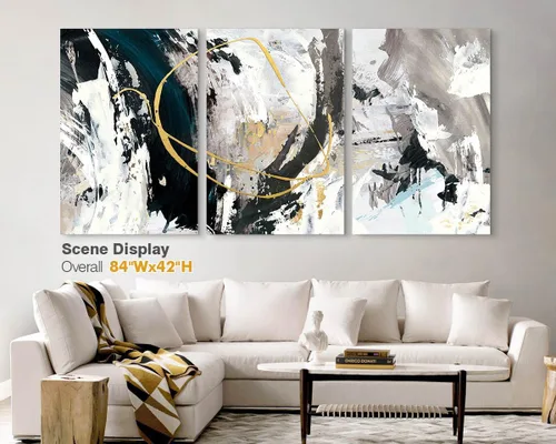 Miniatura 4 de GIFTTWART Arte abstracto de gran tamaño para pared, pintura en lienzo negro, blanco y dorado con aspecto texturizado para decoración de sala