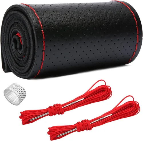 Miniatura 13 de Ziciner - Funda de cuero genuino para volante, transpirable, antideslizante, protector de volante de automóvil para un diámetro máximo de 15 Negro