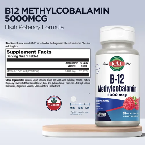 Miniatura 3 de KAL Vitamina B12 Metilcobalamina 5000mcg, energía saludable, metabolismo, nervios y apoyo de glóbulos rojos,* ActivMelts de disolución rápida