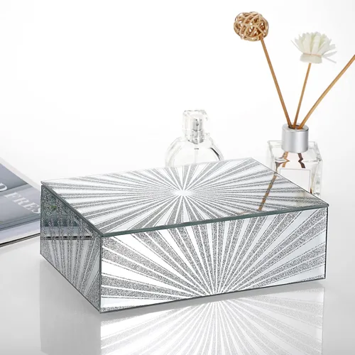 Miniatura 2 de Hipiwe Joyero de espejo con patrón de sol de diamante triturado, caja grande de cristal para baratijas, caja decorativa plateada, caja de recuerdos