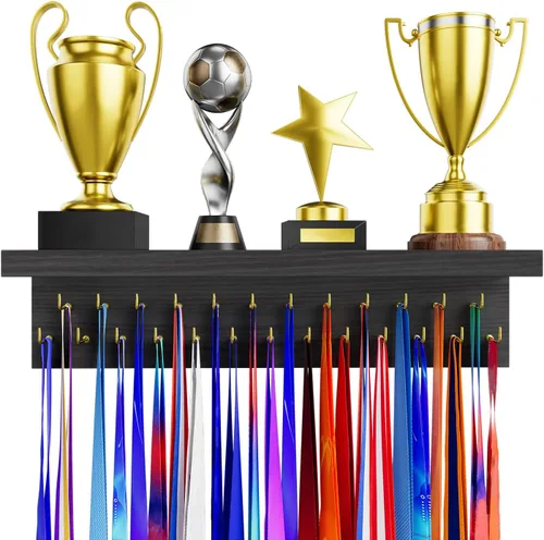 Miniatura 8 de Soporte para Medallas y Organizador de Estante para Trofeos, Soporte Robusto de Madera para Premios de Carreras con 25 Ganchos de Acero, Soporte