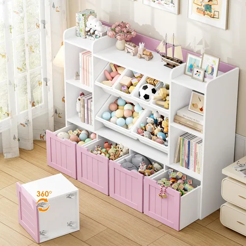 Miniatura 5 de FINETONES Organizador de almacenamiento de juguetes de 55.1 pulgadas con 6 cubos de juguetes, organizador grande de juguetes, estantería para niños