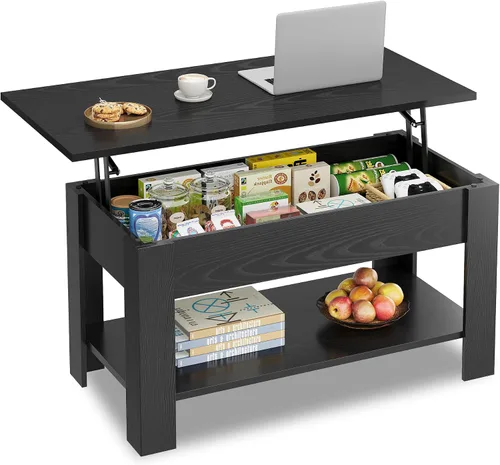 Miniatura 9 de WLIVE - Mesa de centro con parte superior elevable de 47", mesa de centro con compartimento oculto y 2 estantes de almacenamiento para sala de Roble