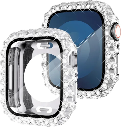 Miniatura 16 de NewWays Funda impermeable 2 en 1 de 1.772 pulgadas para Apple Watch Series 9, 8, 7, encaje completo con diamantes de imitación y purpurina para Oro