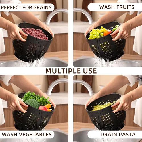 Miniatura 6 de Colador de metal con mango de madera y base estable, cesta coladora de cocina de acero con recubrimiento en polvo para escurrir pasta, verduras
