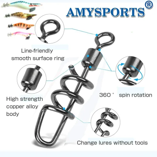 AMYSPORTS Giratorios de pesca Sacacorchos a presión Giratorios de aparejos de pesca Aguas saladas Líder de agua dulce Señuelo línea Conector