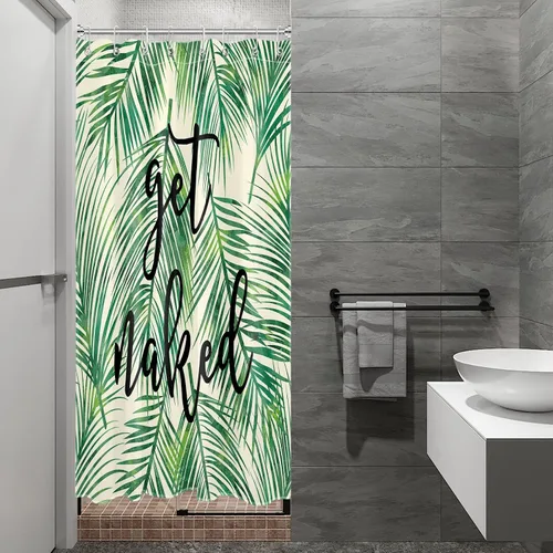 LB Cortina de ducha de plantas de hojas verdes tropicales, citas divertidas y hojas de palma en cortinas de ducha beige para baño, tela de poliéster