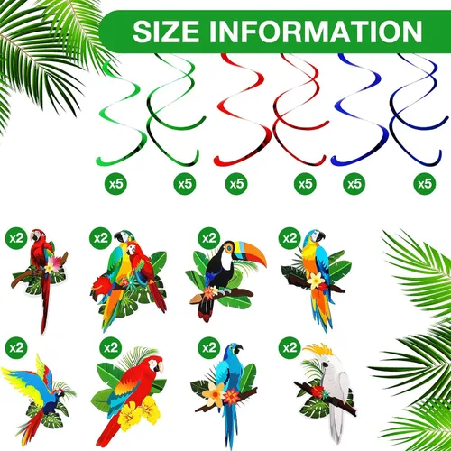 Miniatura 3 de Crtiin 30 suministros de fiesta de pájaros tropicales, decoraciones hawaianas tropicales, loro tucán colgante, remolino, decoración de techo