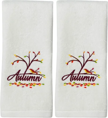 Serafina Home Juego de 2 toallas de baño de otoño, 12 x 18 pulgadas, ramas de otoño bordadas con hojas coloridas y diseño de pájaros, decoración de