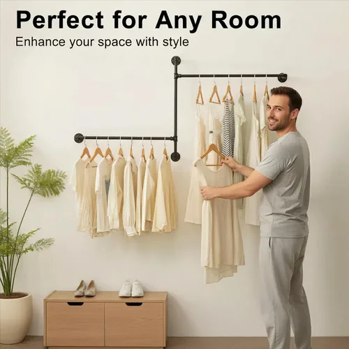 Miniatura 4 de Perchero industrial para ropa de pared con rieles de ropa de tubería, barras multiusos para colgar ropa resistente, ahorro de espacio, organizador