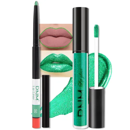 Miniatura 52 de evpct 2 Piezas Lápiz Labial Líquido Verde Esmeralda con Brillo Glitter, Brillo Labial Tinte y Delineador de Labios Retráctil, Set de Maquillaje