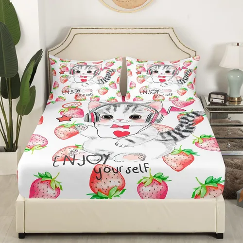 Miniatura 3 de Erosebridal Lindas sábanas de gato Kawaii fresa tamaño individual para niñas, diseño de arcoíris de dibujos animados, juegos de sábanas y fundas