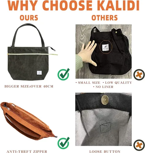 Miniatura 4 de KALIDI - Bolsa de pana para mujer, con cremallera, casual, de gran capacidad, con bolsillos