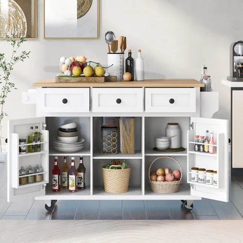 Miniatura 11 de Delicate Rolling Kitchen Island Cart with Rubber Wood Drop-Leaf Countertop and Lockable Rollers,Storage Cabinet and 2 Drawers,Sliding Barn Door