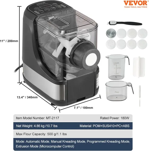Miniatura 7 de VEVOR Máquina Eléctrica de Pasta, Automatizador de Fideos de 150W con 8 Formas de Pasta, 4 Modos Inteligentes, Capacidad de 500g de Harina, Máquina