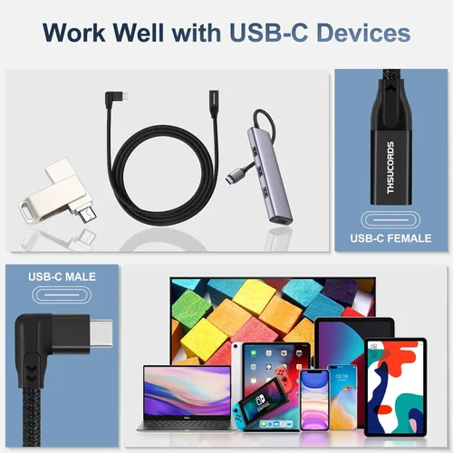 Miniatura 5 de Thsucords Cable de extensión USB C de 100 W, 0.3 pies, 10 Gbps 90 grados en ángulo recto USB C 3.2 macho a hembra, extensor de video 4K, cable