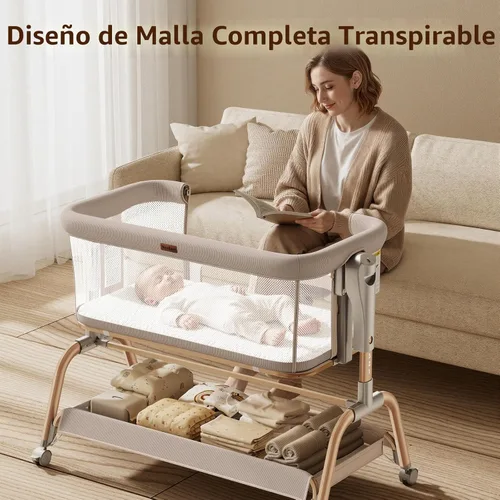 Miniatura 5 de NeoBorn Cuna de 3 en 1 para bebé, cuna junto a la cama para bebé, cuna mecedora con malla transpirable completa, colchón y sábana suave, altura