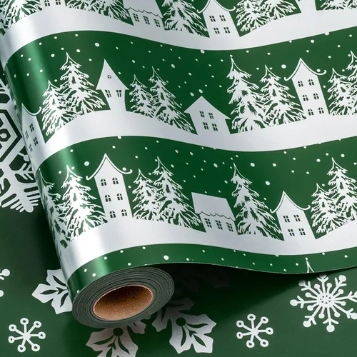 Miniatura 14 de MAYPLUSS Rollo de papel de regalo de Navidad, papel de regalo de 17 pulgadas x 16.5 pies con casa de árbol de Navidad azul marino copo de nieve