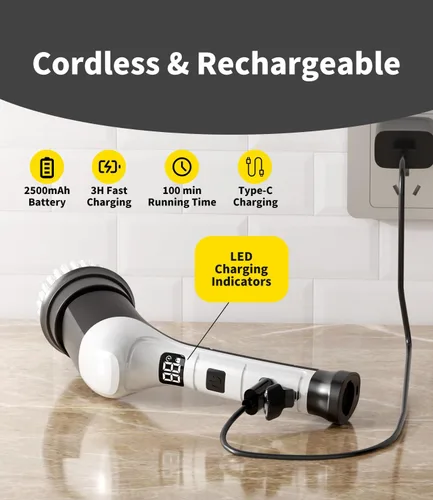 Miniatura 5 de Limpiador eléctrico giratorio, cepillo de limpieza inalámbrico para el hogar con 6 cabezales reemplazables, 3 velocidades, pantalla LED, limpiador
