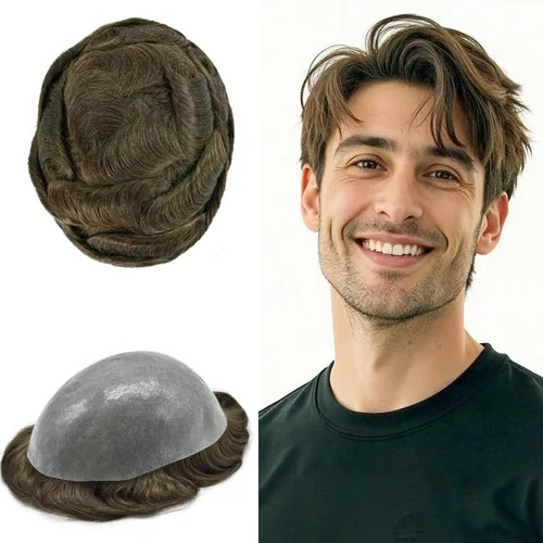 Miniatura 90 de Toupee para hombres Sistema de reemplazo de cabello humano real duradero invisible para hombre Toupee Hair Piece para hombres Poly Men Sistema